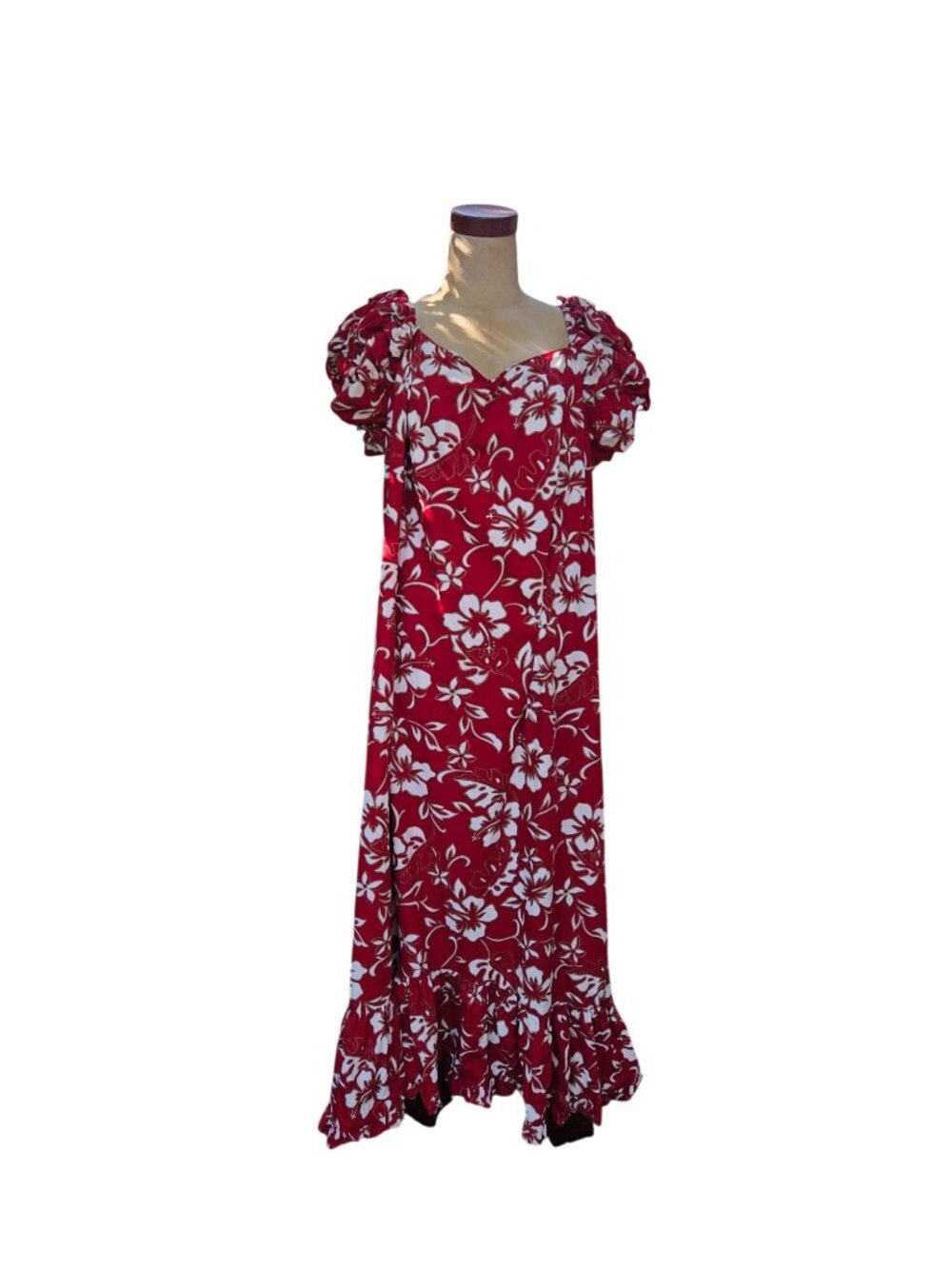 Vintage Hilo Hattie Hawaiian Dress Muu Muu XL Ruched Cap Sleeves Floral Red Whit